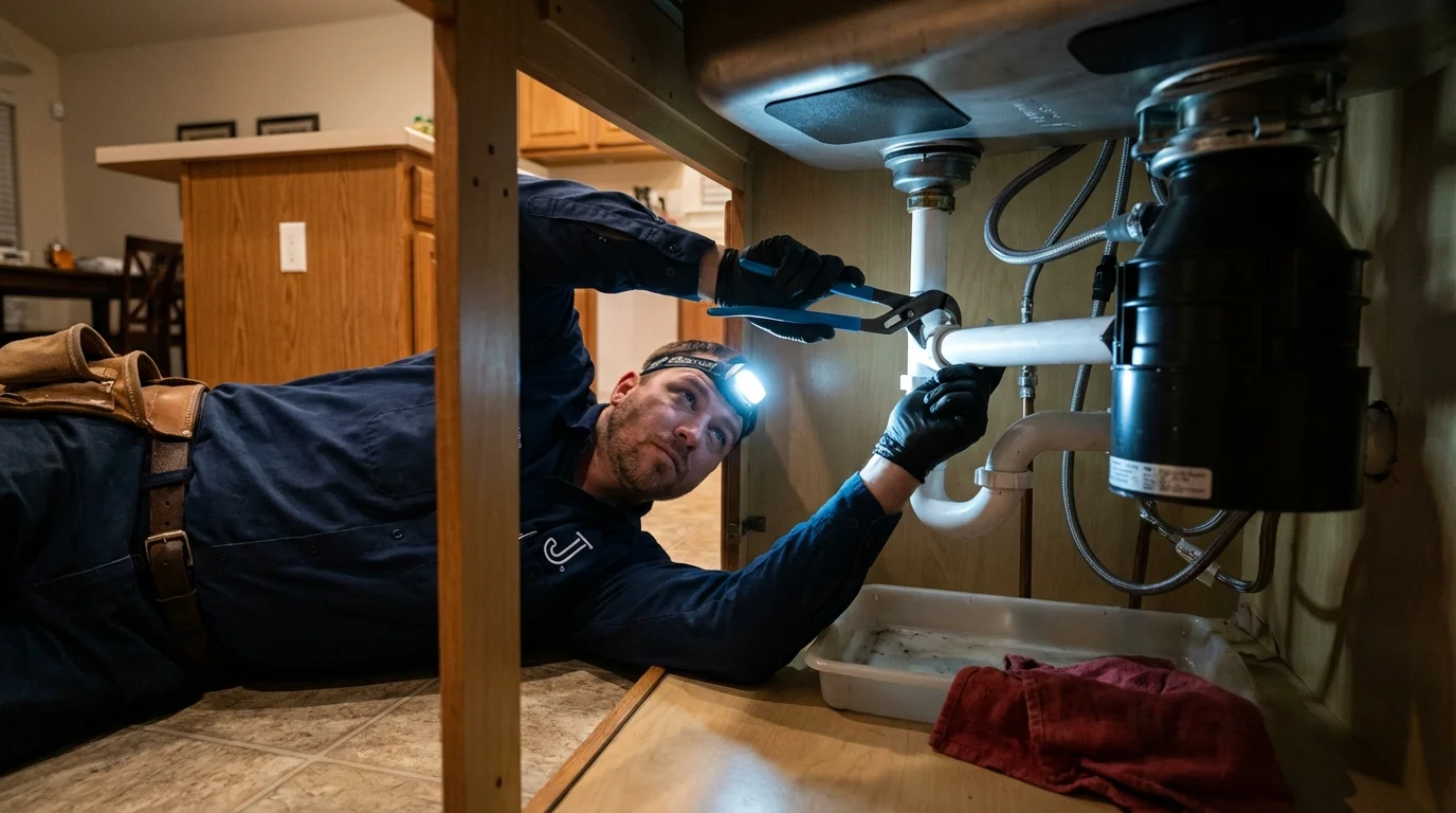 P-trap and supply line connections under a kitchen sink showing a common leak point in Napoleon, MI